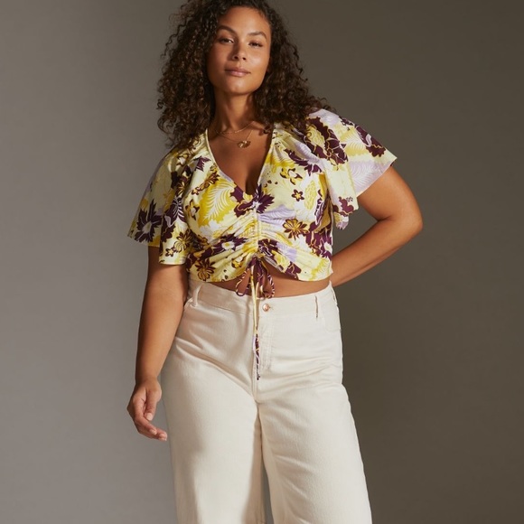 NWT Maeve by Anthropologie cropped cinched floral flutter sleeve top, size 1X - Picture 5 of 6